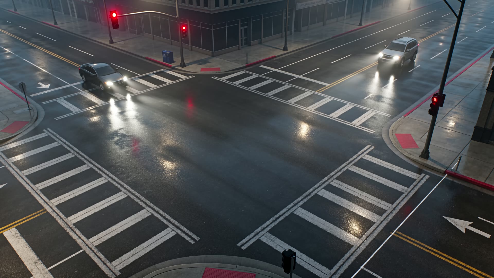 Reconstructed 3D scene of a rain-slicked city intersection at night, two vehicles approaching a red-lit crossing